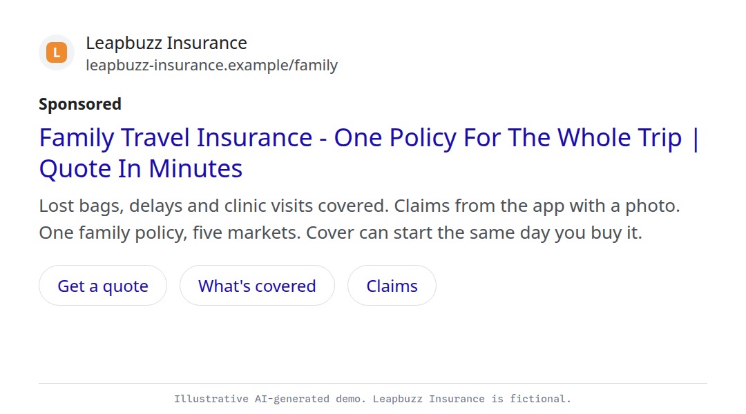 Leapbuzz Insurance demo, Comic strip Sales ad: Family Travel Insurance