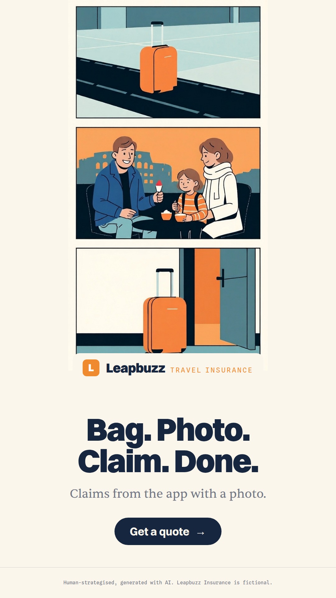 Leapbuzz Insurance demo, Comic strip Sales ad: Bag. Photo. Claim. Done.