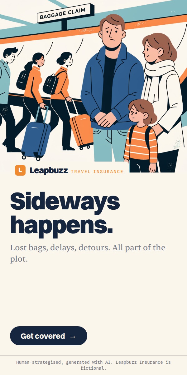 Leapbuzz Insurance demo, Comic strip Brand ad: Sideways happens.