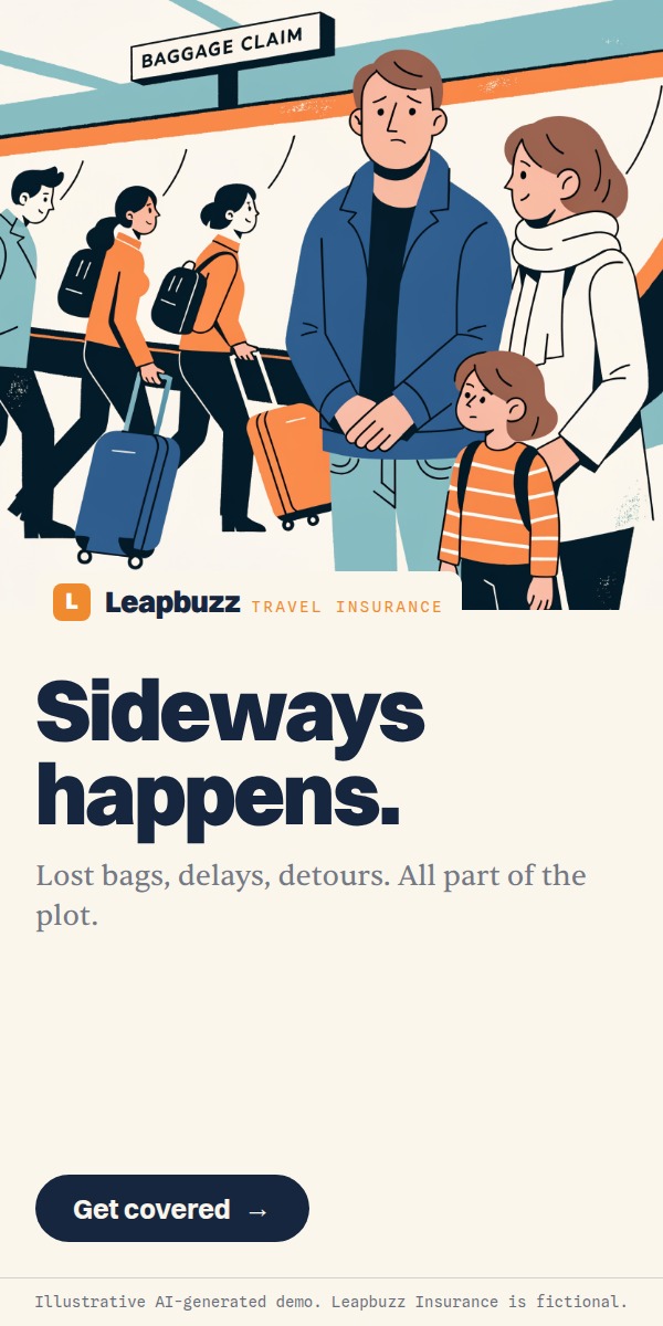 Leapbuzz Insurance demo, Comic strip Brand ad: Sideways happens.