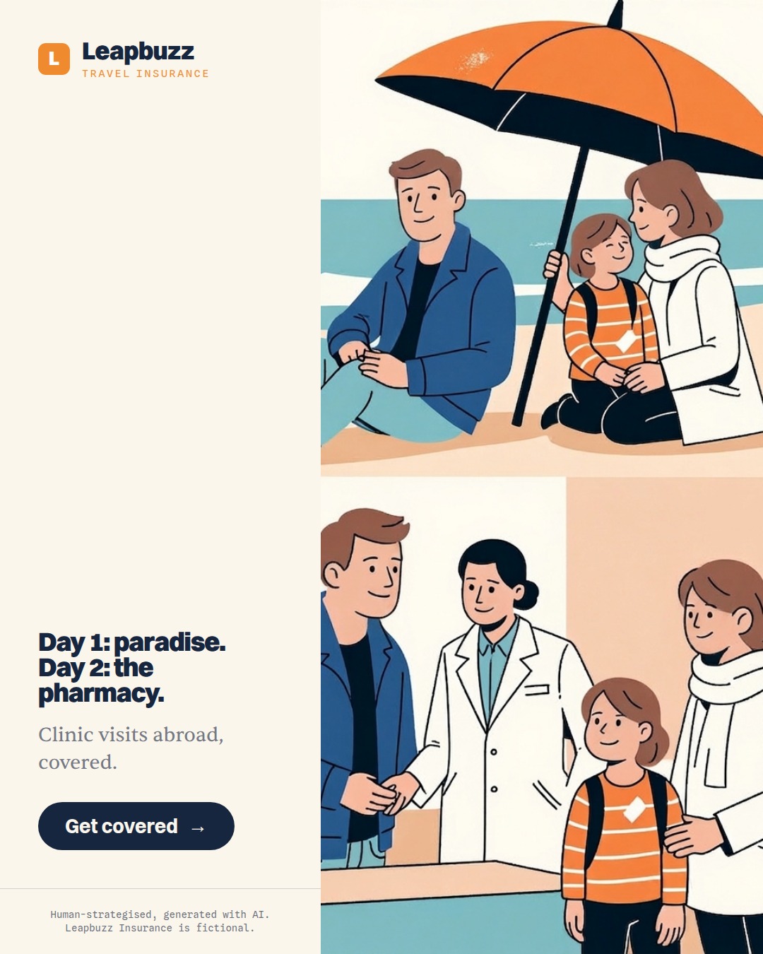 Leapbuzz Insurance demo, Comic strip Brand ad: Day 1: paradise. Day 2: the pharmacy.