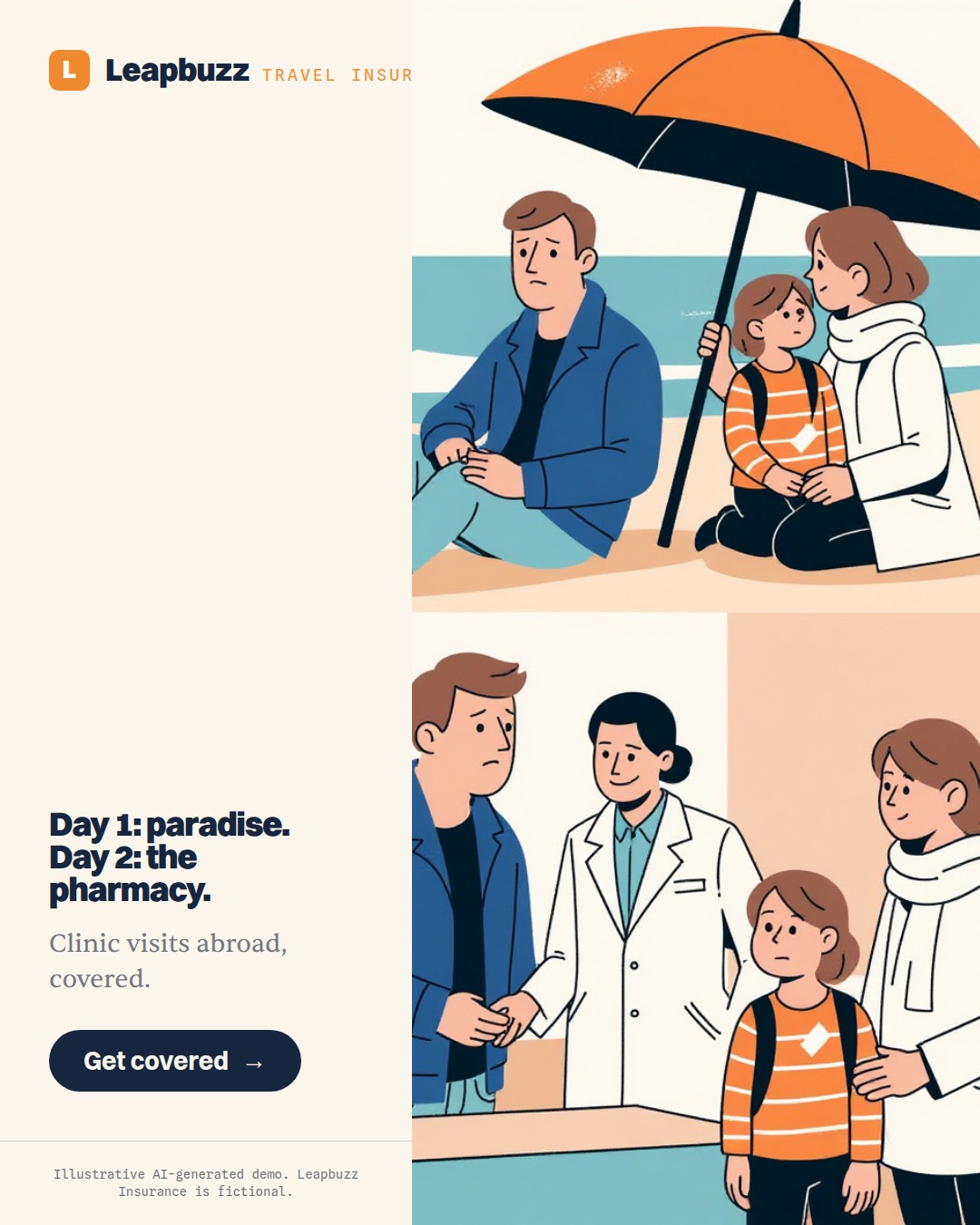 Leapbuzz Insurance demo, Comic strip Brand ad: Day 1: paradise. Day 2: the pharmacy.