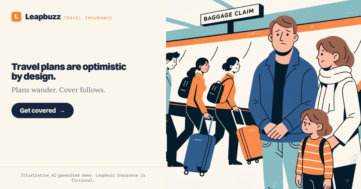 Leapbuzz Insurance demo, Comic strip Brand ad: Travel plans are optimistic by design.