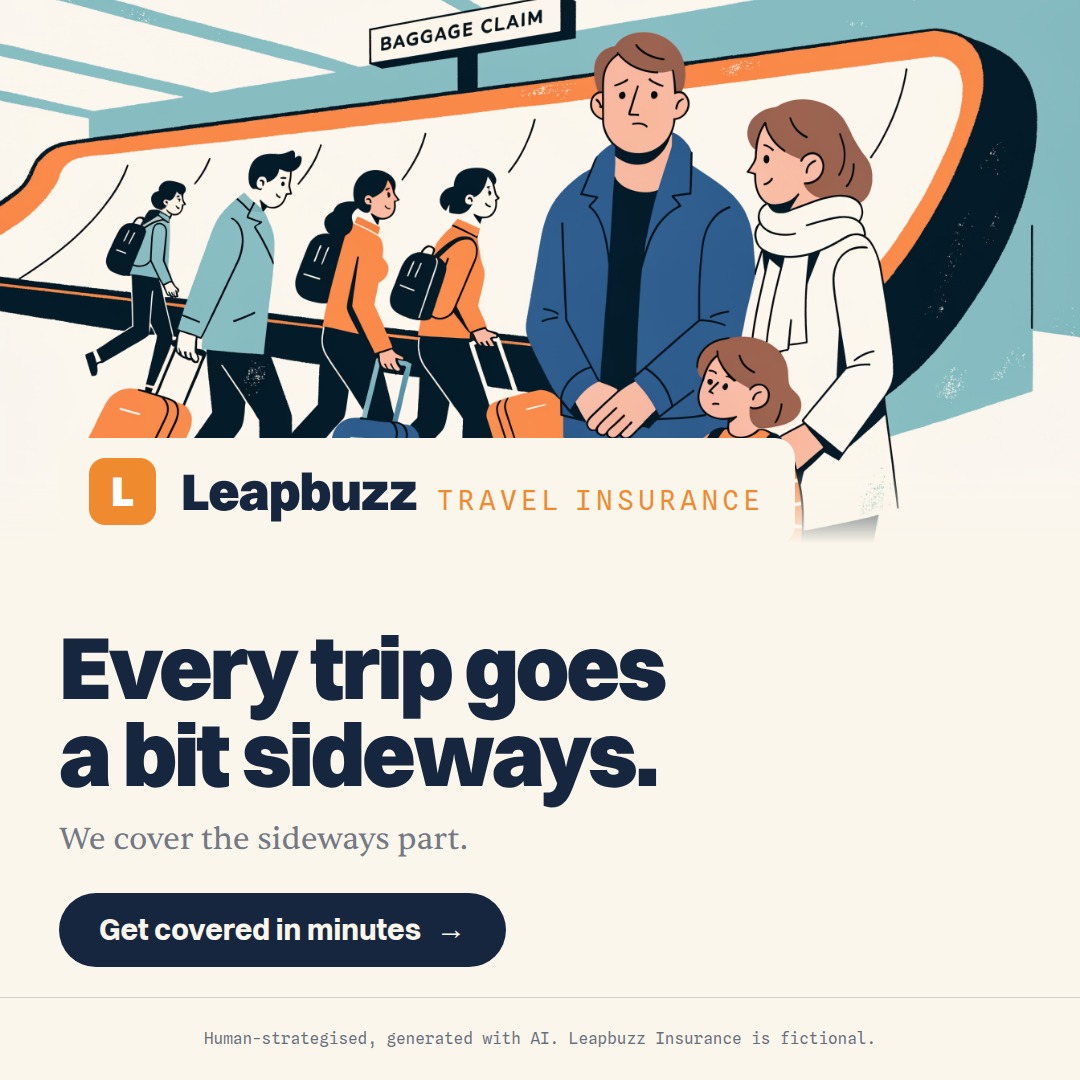 Leapbuzz Insurance demo, Comic strip Brand ad: Every trip goes a bit sideways.