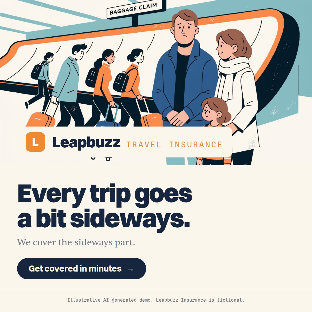 Leapbuzz Insurance demo, Comic strip Brand ad: Every trip goes a bit sideways.