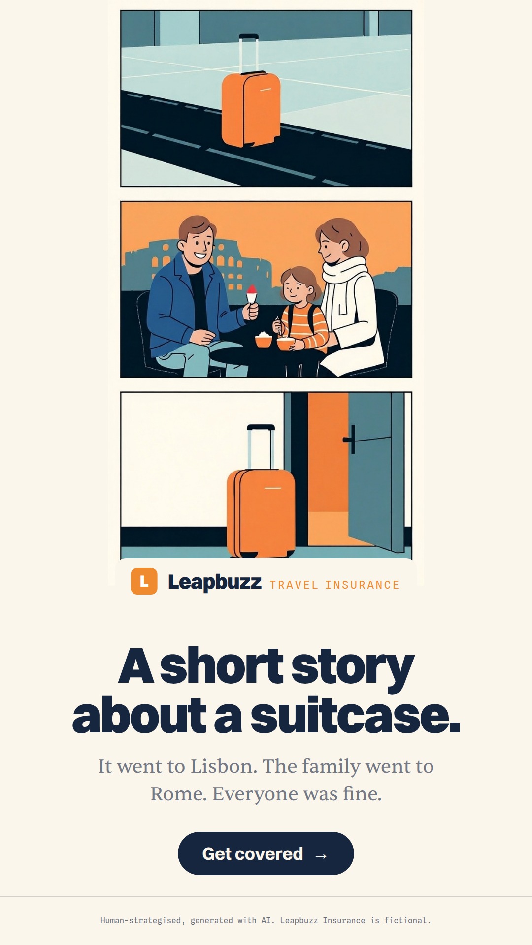 Leapbuzz Insurance demo, Comic strip Brand ad: A short story about a suitcase.