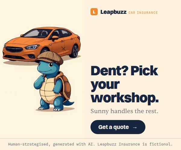 Leapbuzz Insurance demo, Mascot Sales ad: Dent? Pick your workshop.
