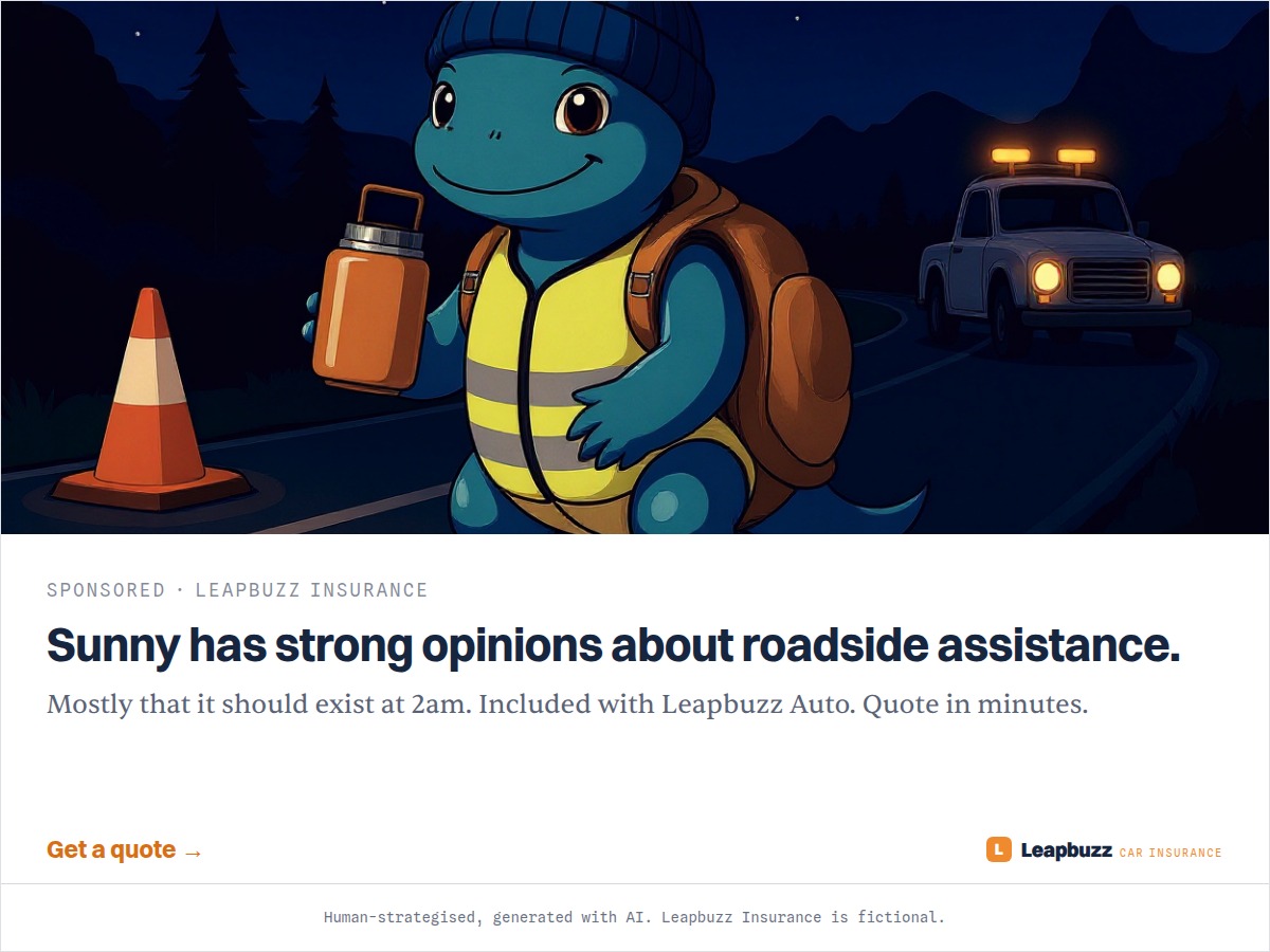 Leapbuzz Insurance demo, Mascot Sales ad: Sunny has strong opinions about roadside assistance.