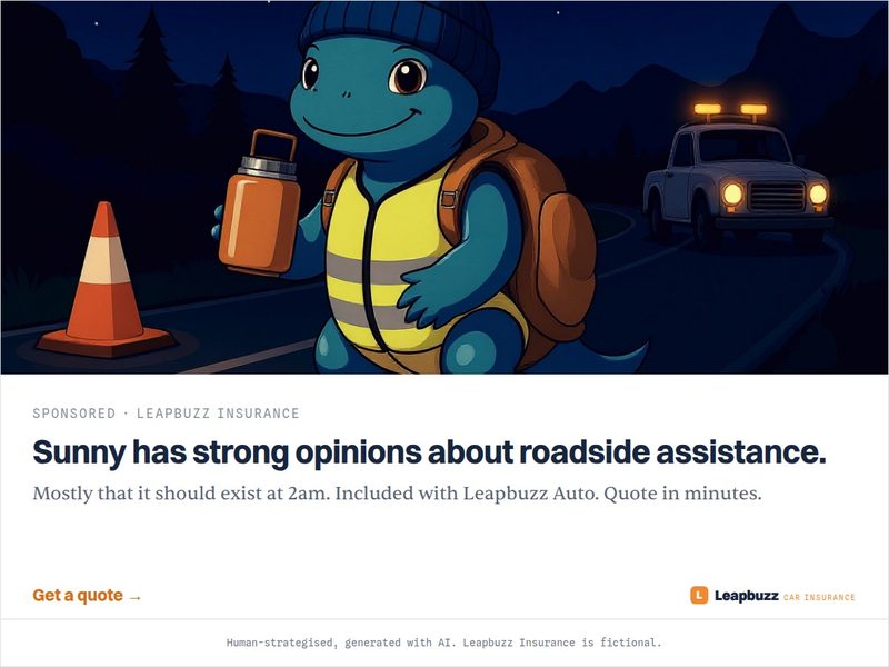 Leapbuzz Insurance demo, Mascot Sales ad: Sunny has strong opinions about roadside assistance.
