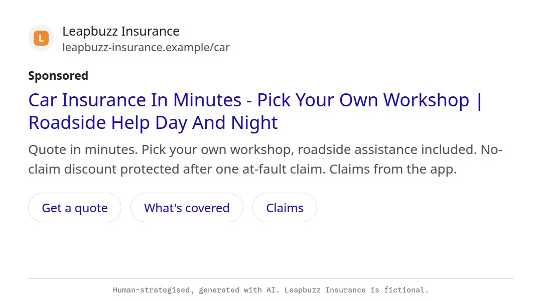 Leapbuzz Insurance demo, Mascot Sales ad: Car Insurance In Minutes