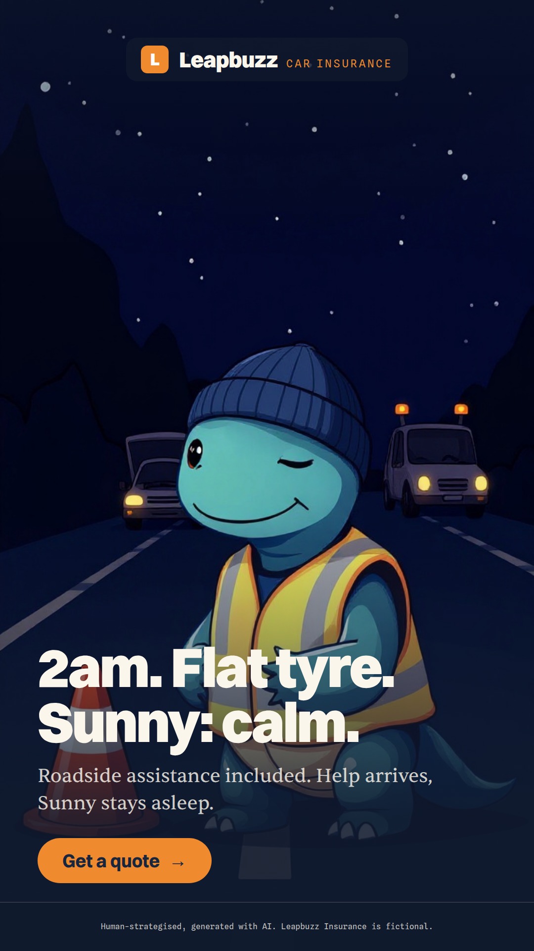 Leapbuzz Insurance demo, Mascot Sales ad: 2am. Flat tyre. Sunny: calm.