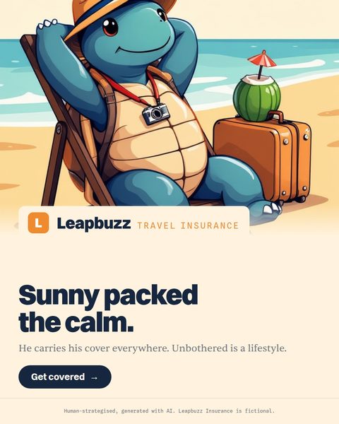 Leapbuzz Insurance demo, Mascot Brand ad: Sunny packed the calm.