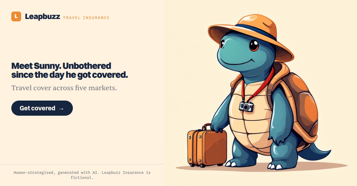 Leapbuzz Insurance demo, Mascot Brand ad: Meet Sunny. Unbothered since the day he got covered.