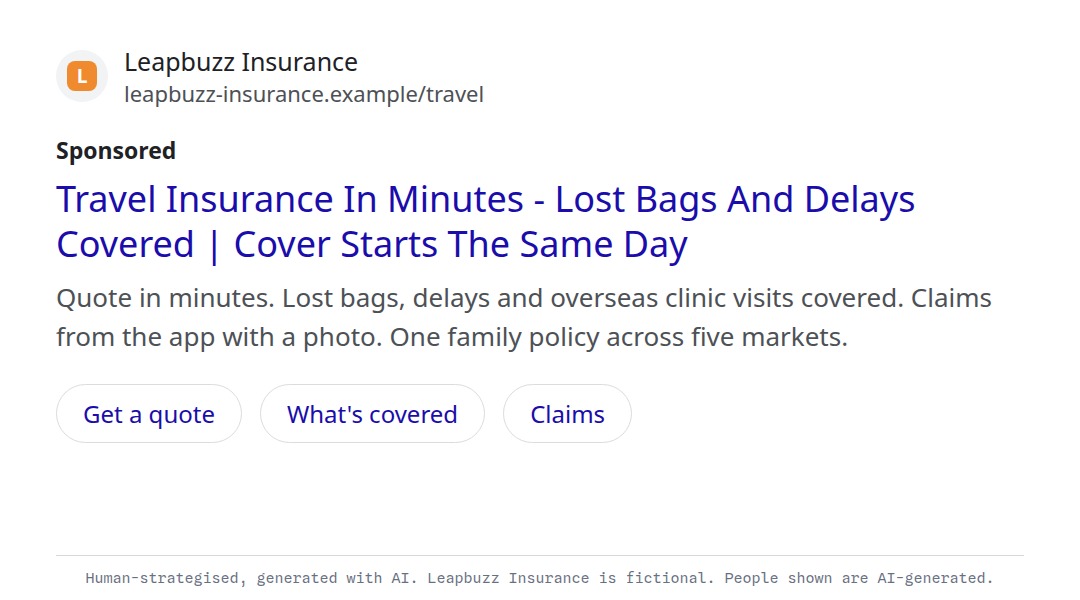 Leapbuzz Insurance demo, Photoreal Sales ad: Travel Insurance In Minutes