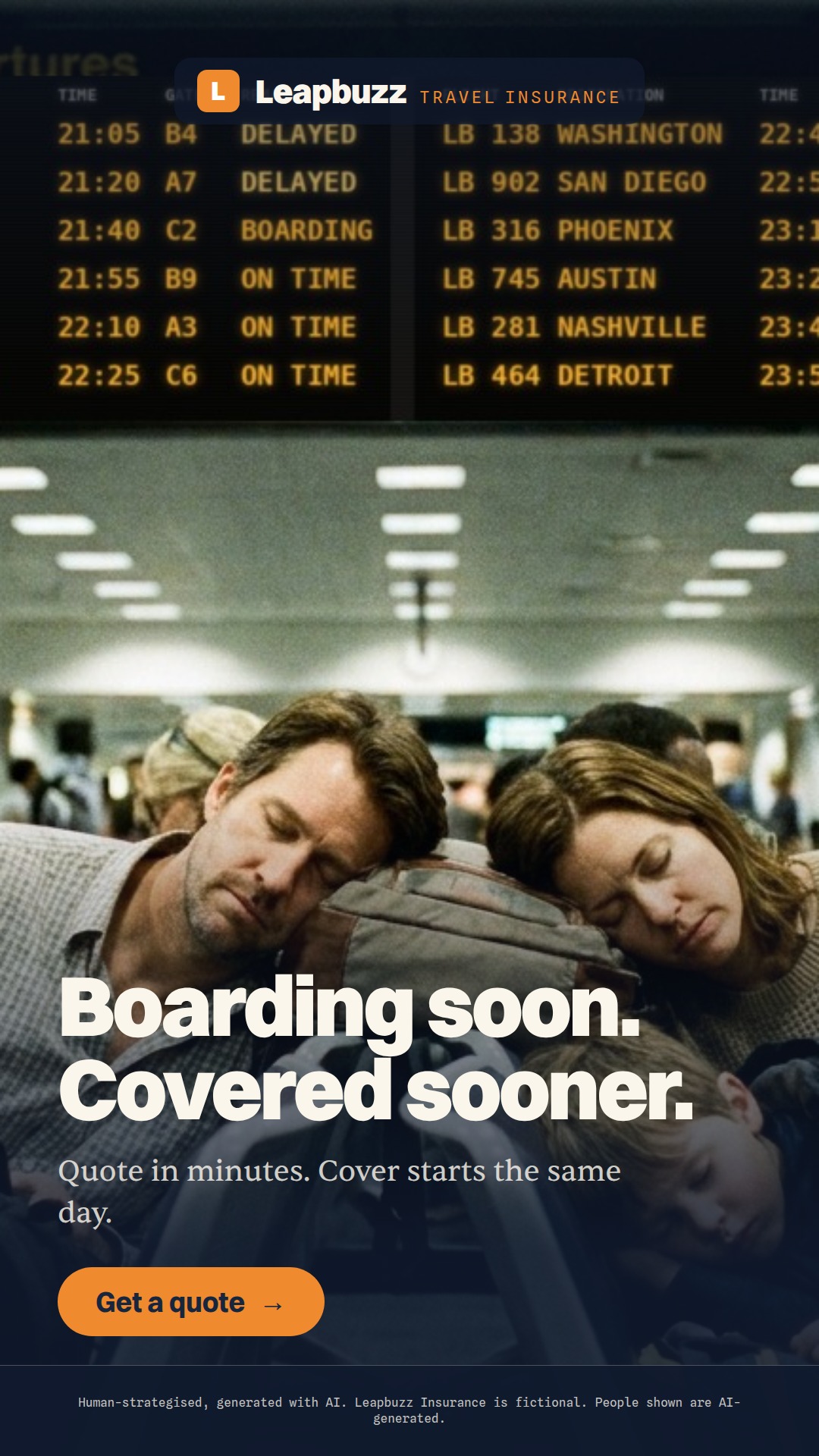 Leapbuzz Insurance demo, Photoreal Sales ad: Boarding soon. Covered sooner.