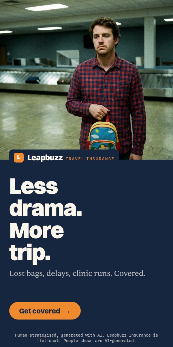 Leapbuzz Insurance demo, Photoreal Brand ad: Less drama. More trip.