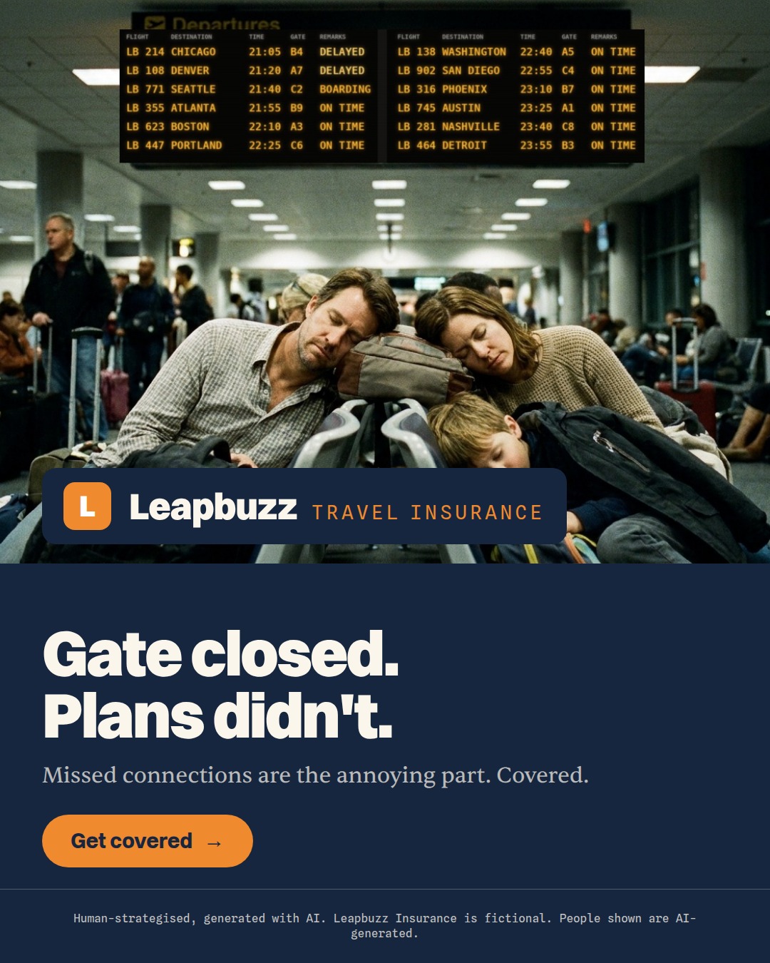 Leapbuzz Insurance demo, Photoreal Brand ad: Gate closed. Plans didn't.