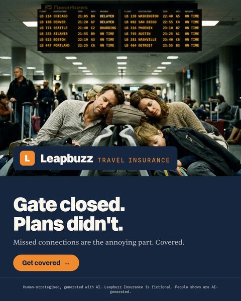 Leapbuzz Insurance demo, Photoreal Brand ad: Gate closed. Plans didn't.