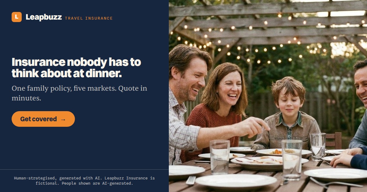 Leapbuzz Insurance demo, Photoreal Brand ad: Insurance nobody has to think about at dinner.