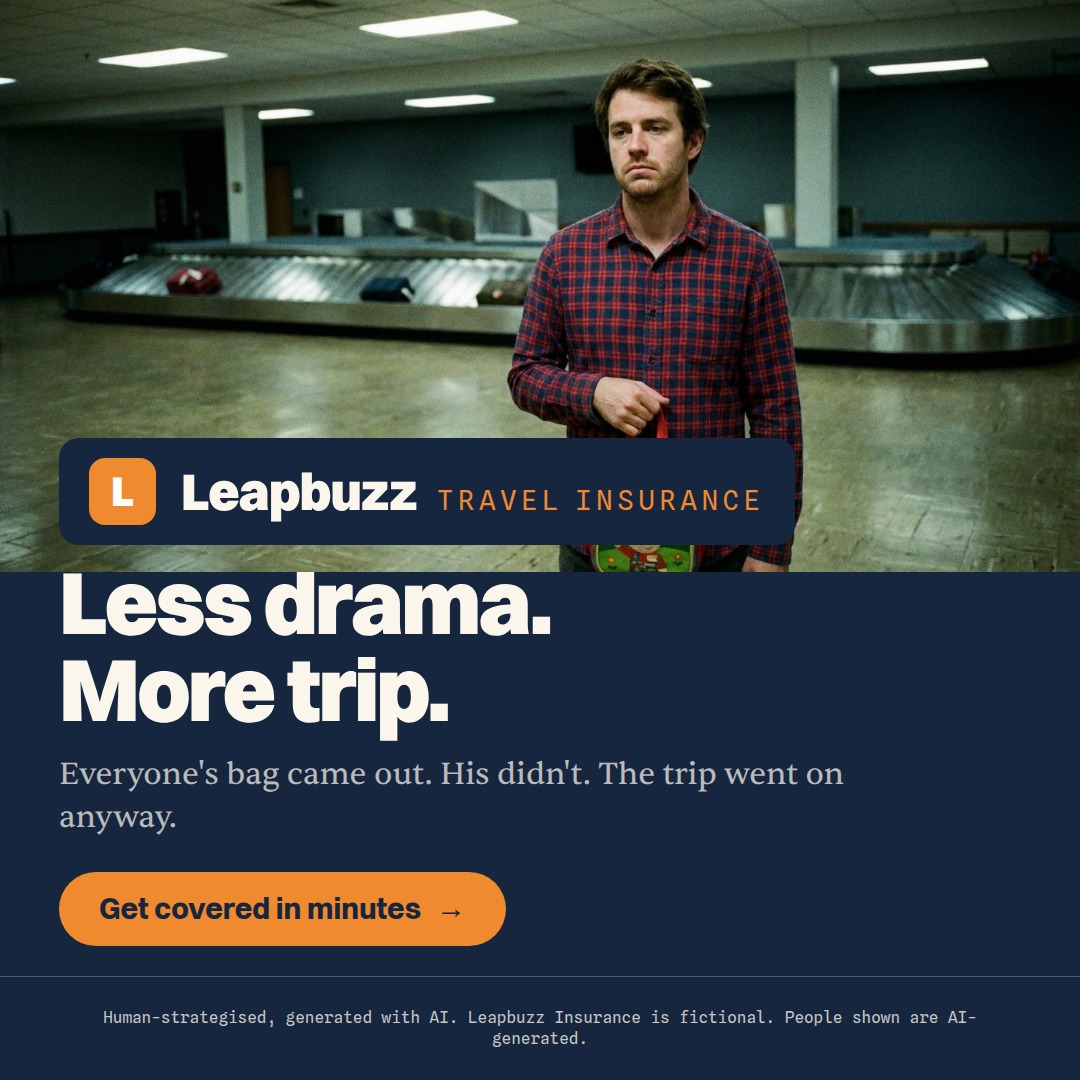 Leapbuzz Insurance demo, Photoreal Brand ad: Less drama. More trip.