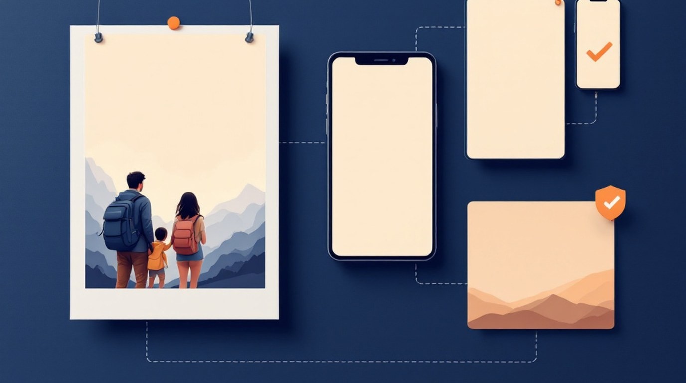 Insurance ad creation with AI: blueprint-style editorial illustration of a character reference sheet feeding into video, social, and display ad frames, with a two-layer compliance gate drawn in fine cream lines and a single solid orange node marking the human review step.