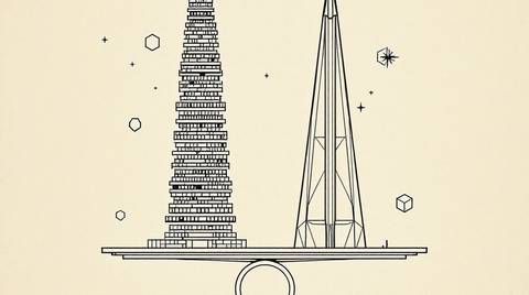Two architectural tower structures side by side connected by a balance beam, a compass needle in solid orange resting at the centre, and flat geometric regulatory shield outlines floating around both.