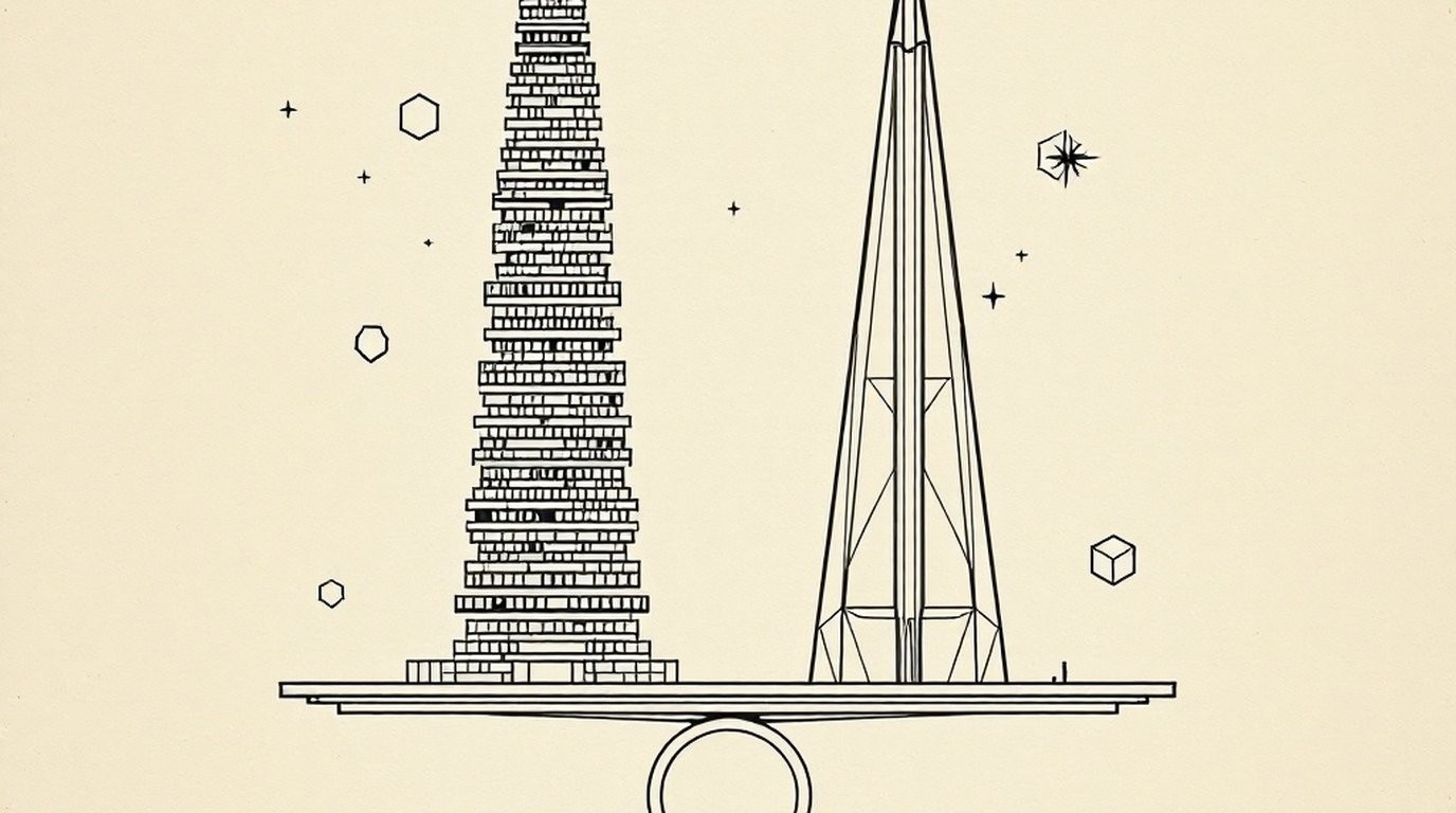 Two architectural tower structures side by side connected by a balance beam, a compass needle in solid orange resting at the centre, and flat geometric regulatory shield outlines floating around both.