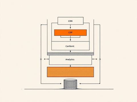 Bauhaus-geometric line illustration of a layered martech stack: five rectangular frames stacked from CRM at base to analytics at top, connected by thin vertical lines with circular junction nodes, data-flow arrows as short horizontal lines, database cylinder outline at the base, second layer filled solid orange on cream paper.