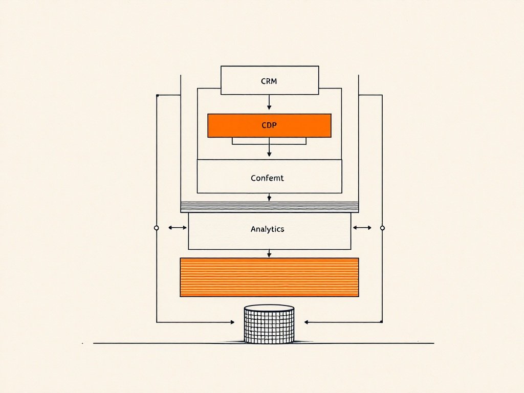Bauhaus-geometric line illustration of a layered martech stack: five rectangular frames stacked from CRM at base to analytics at top, connected by thin vertical lines with circular junction nodes, data-flow arrows as short horizontal lines, database cylinder outline at the base, second layer filled solid orange on cream paper.