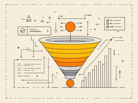 Insurance paid search PPC strategy: blueprint-style editorial illustration of a search query funnel with layered keyword-intent tiers, CPC bid bars of varying heights, and a compliance grid, with a single brand-orange circle marking the highest-intent query node.