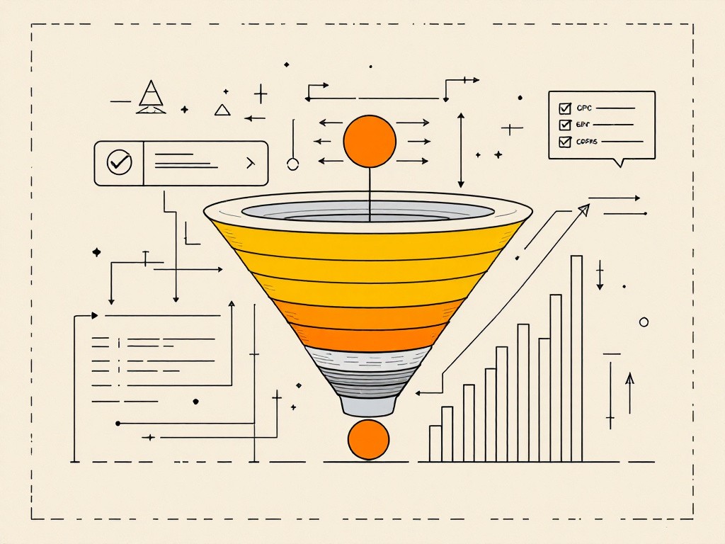 Insurance paid search PPC strategy: blueprint-style editorial illustration of a search query funnel with layered keyword-intent tiers, CPC bid bars of varying heights, and a compliance grid, with a single brand-orange circle marking the highest-intent query node.