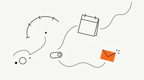 Editorial schematic illustration of insurance renewal outreach: a policy timeline arc with three stage markers, a rotating calendar disc in outline, a consent gate node in outline, and a small solid flat orange envelope shape representing outbound renewal message (this is the orange one, completely flat, no internal marks).