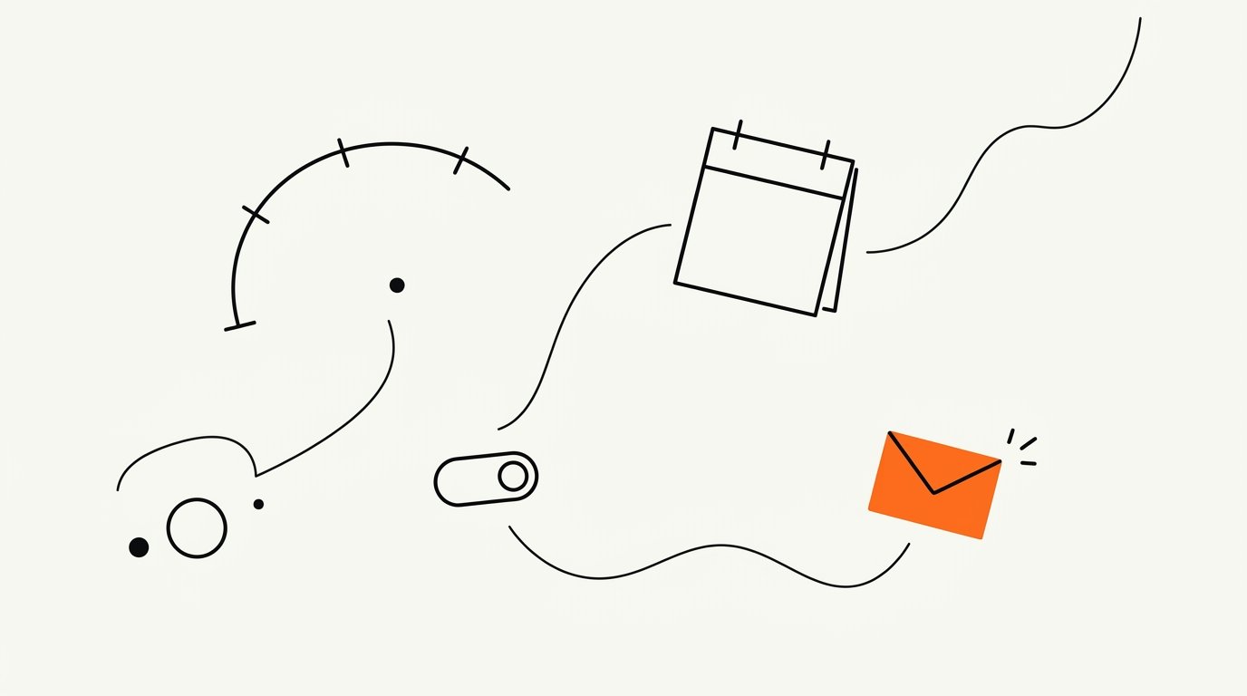Insurance policy renewal marketing automation: ink line illustration of a timeline arc with three tick markers, a desk calendar, and a consent toggle switch, with a small solid orange envelope for the renewal message.
