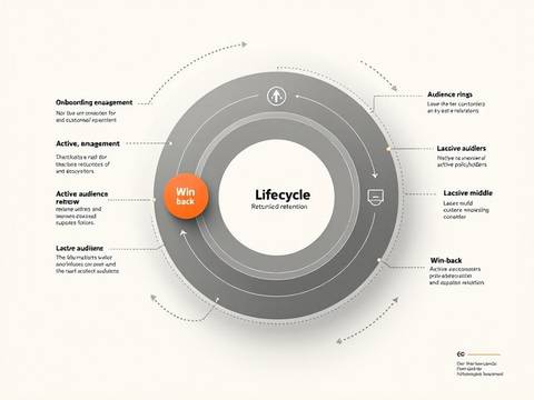 Editorial line illustration on cream: a circular lifecycle loop with five geometric nodes for onboarding, engagement, renewal, cross-sell, and win-back, connected by arcs, with three concentric dashed audience rings radiating outward from the loop. Single vivid orange accent on the win-back node.