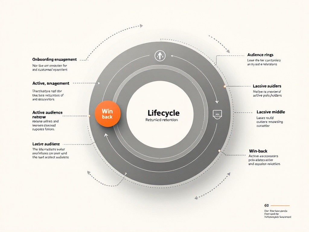 Editorial line illustration on cream: a circular lifecycle loop with five geometric nodes for onboarding, engagement, renewal, cross-sell, and win-back, connected by arcs, with three concentric dashed audience rings radiating outward from the loop. Single vivid orange accent on the win-back node.