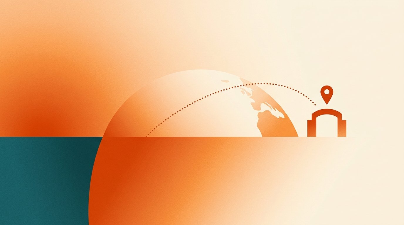 International school marketing for expat and affluent local families: gradient illustration of a globe arc with a dotted relocation path ending at a school gate, marked by a small deep-orange location pin.