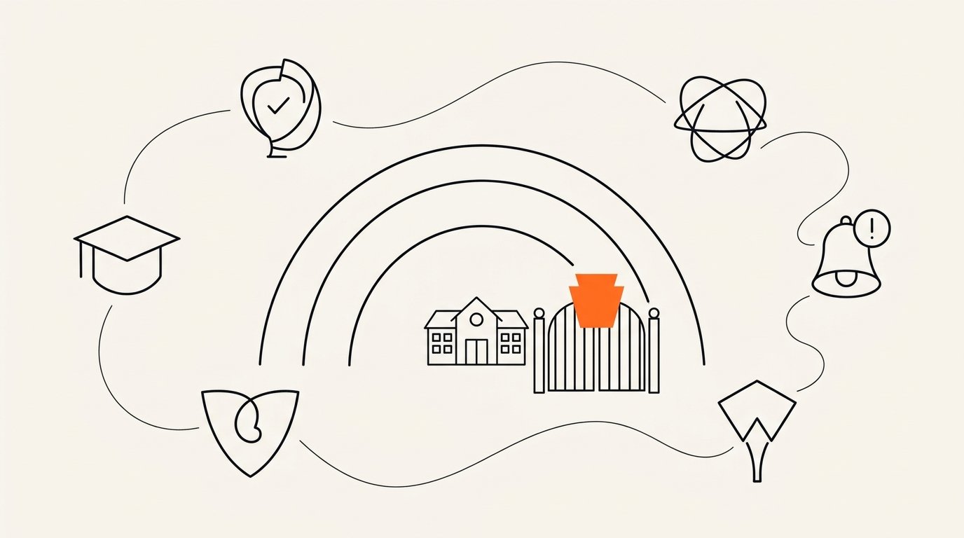 ESOS framework components diagram: ESOS Act, National Code 2018, Tuition Protection Service, and visa conditions shown as four pillars of Australia's international student registration system