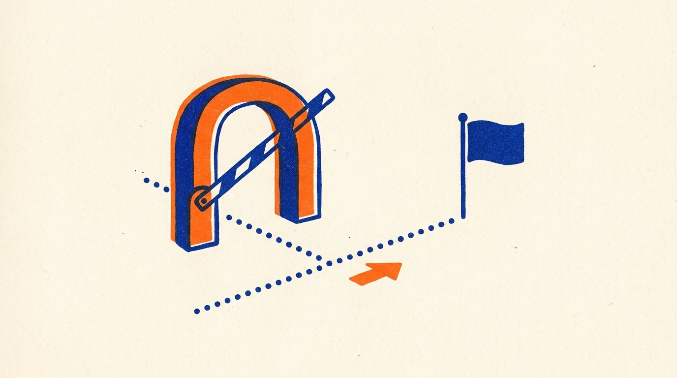International student recruitment compliance with ESOS, CRICOS, DLI, and SEVP: duotone print of a border checkpoint arch with raised barrier, a dotted travel path passing through, and a small solid orange arrow on the path.