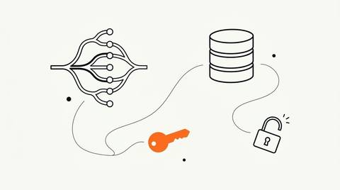 Schematic ink line illustration on cream paper: a branching expert-network diagram, a server cylinder, and an open padlock outline connected by wavy ink lines, with a small solid orange key shape representing open model weights.