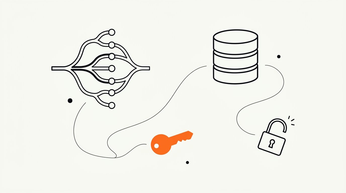 Open-source AI model governance for marketing teams: ink line illustration of a branching expert network, a server cylinder, and an open padlock, with a small solid orange key representing open model weights.