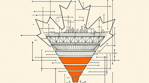 Life insurance lead generation in Canada: Bauhaus-geometric illustration of a maple-leaf outline built from geometric shapes, overlaid with a funnel diagram narrowing to a solid orange conversion stage, flanked by province-boundary grid lines and bar-chart clusters.