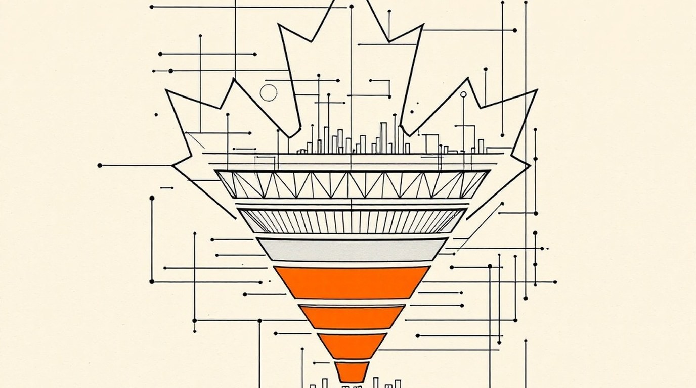 Life insurance lead generation in Canada: Bauhaus-geometric illustration of a maple-leaf outline built from geometric shapes, overlaid with a funnel diagram narrowing to a solid orange conversion stage, flanked by province-boundary grid lines and bar-chart clusters.