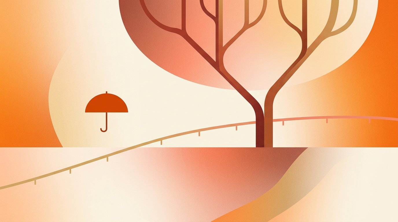 Life insurance marketing and life-event trigger strategy: gradient illustration of a branching family-tree form, a milestone timeline arc, and a small deep-orange umbrella.