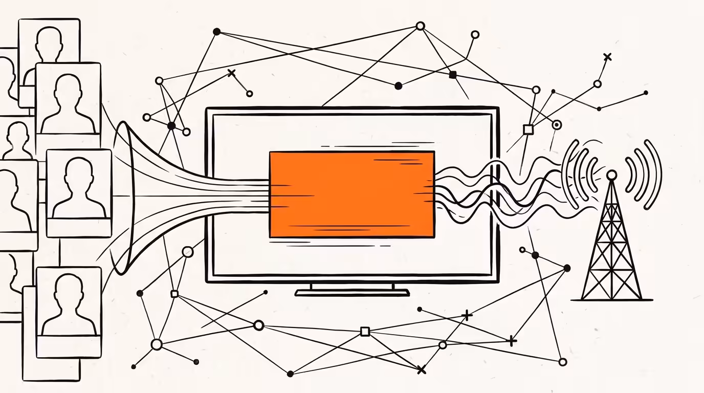 Object-frame editorial illustration showing LinkedIn professional audience profile cards flowing through a funnel into a connected TV screen with a brand-orange ad panel, surrounded by network node constellation lines, ink line-art on cream paper.