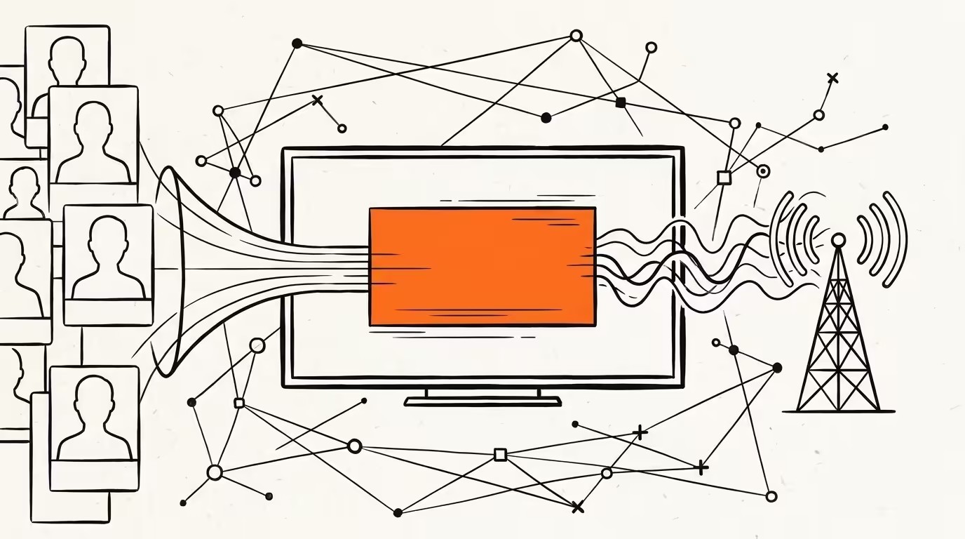 Object-frame line illustration of a television panel receiving audience nodes with a single brand-orange accent, ink line-art on cream paper.
