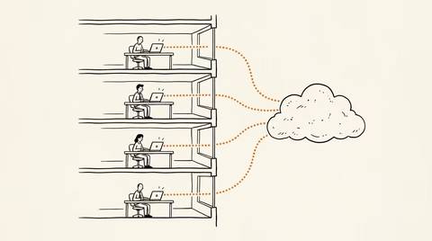 Cross-section building illustration: regulated industry floors with data-flow lines in brand orange leaving windows into a cloud.