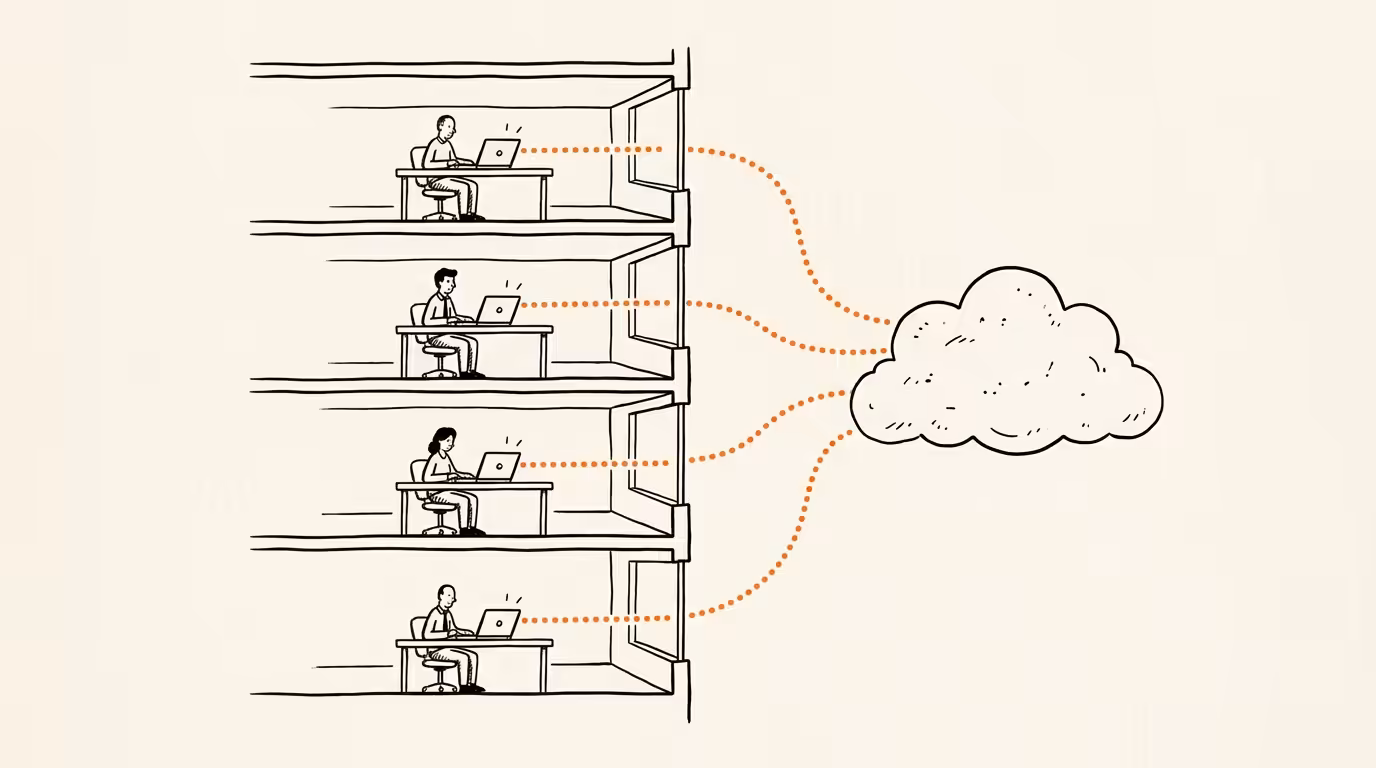 Cross-section building illustration on cream paper: four regulated industry floors, ink figures at desks, dotted lines in brand orange flowing from each window into a cloud outside the building representing data leaving the enterprise boundary.