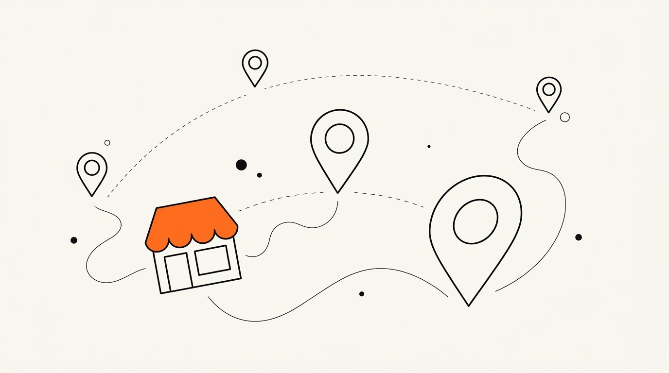 Local SEO and GEO visibility across five markets: ink line illustration of a storefront with a solid orange awning and four ink map pins scattered over dashed arcs.
