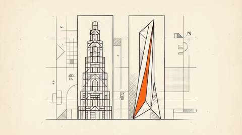 Bauhaus geometric illustration of two vertical column shapes: agency staffing pyramid on left, consultancy wedge in brand orange on right