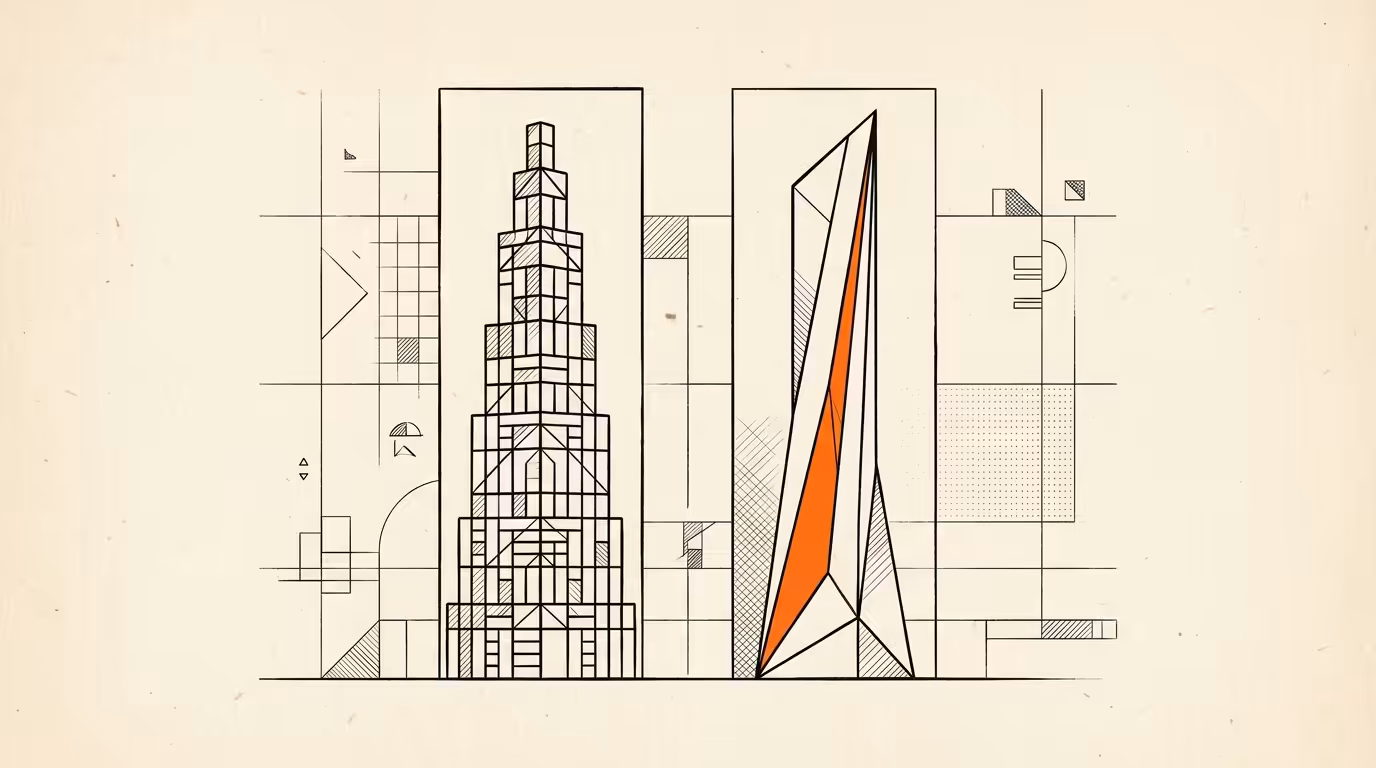 Bauhaus geometric illustration of two vertical column shapes side by side: left a stacked pyramid block pattern representing agency staffing, right a single angular wedge in brand orange representing the consultancy model, ink line-art on cream paper